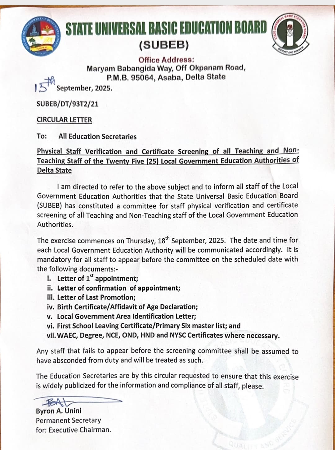 Delta SUBEB Begins Physical Verification and Certificate Screening Exercise for Teaching and Non-Teaching Staff